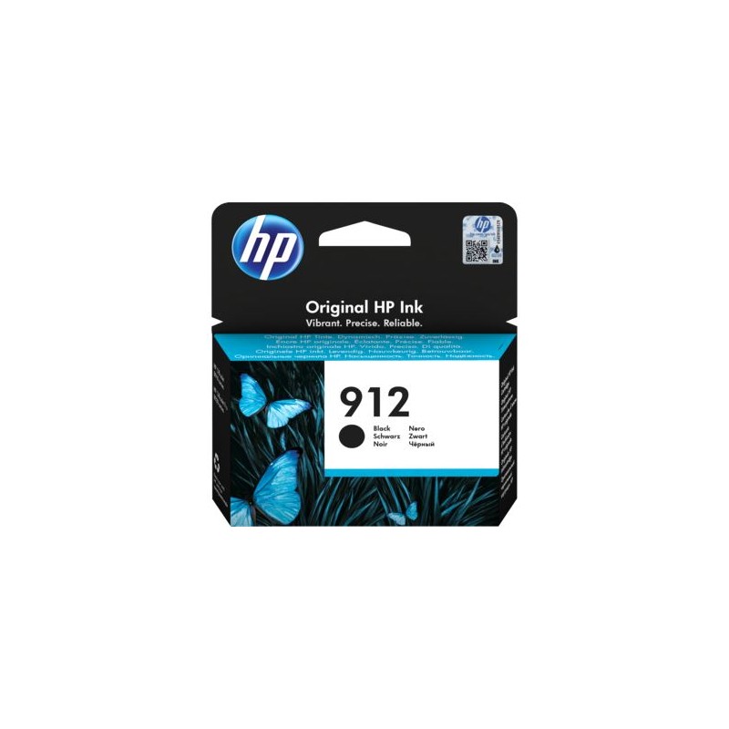HP 912 crna tinta 3YL80AE u originalnoj ambalaži s plavom grafikom leptira