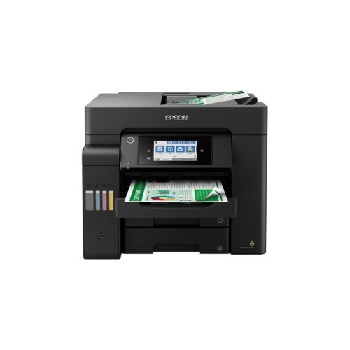 Prednji pogled na crni Epson L6550 multifunkcijski tintni pisač A4 s ladicom za papir