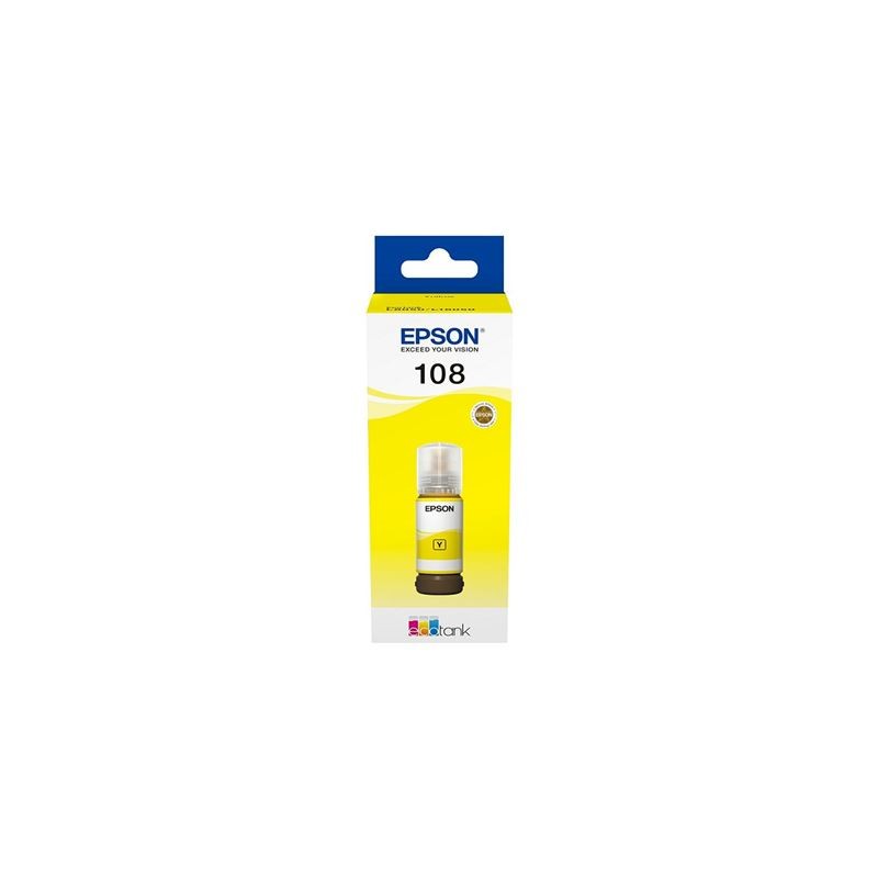 Epson 108 žuta tinta C13T09C44A prikazana u službenoj žutoj kutiji s bočicom tinte