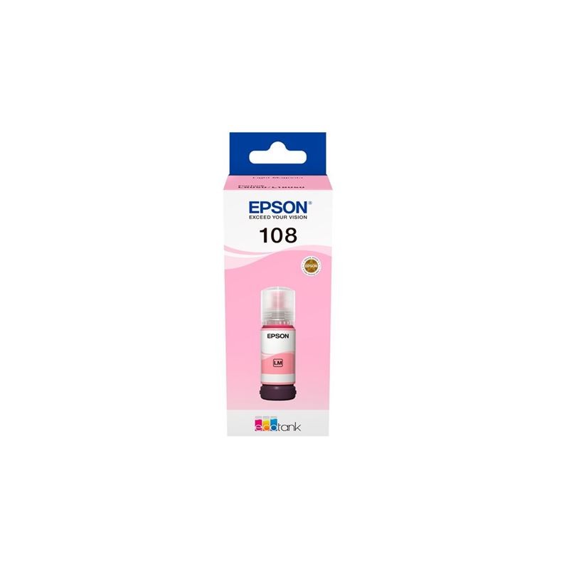 Originalna Epson EcoTank 108 magenta tinta oznake C13T09C64A na pakiranju