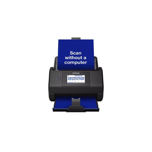 Prednji pogled na Epson ES-580W skener s plavim umetnutim dokumentom