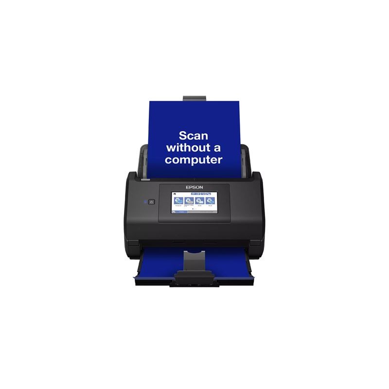 Prednji pogled na Epson ES-580W skener s plavim umetnutim dokumentom