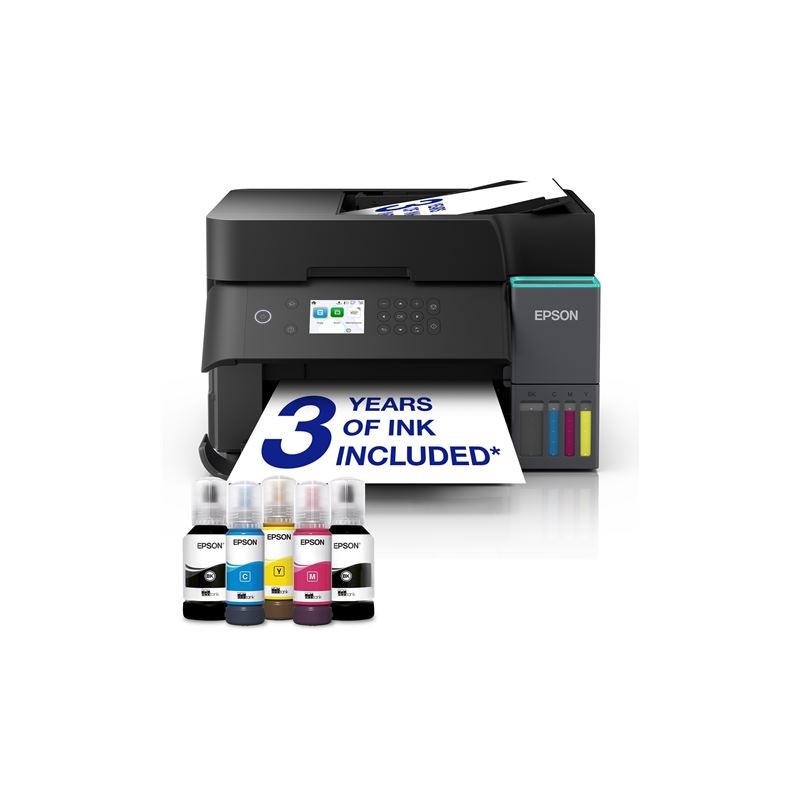 Crni Epson L6370 EcoTank multifunkcijski tintni pisač prikazan s pripadajućim spremnicima tinte