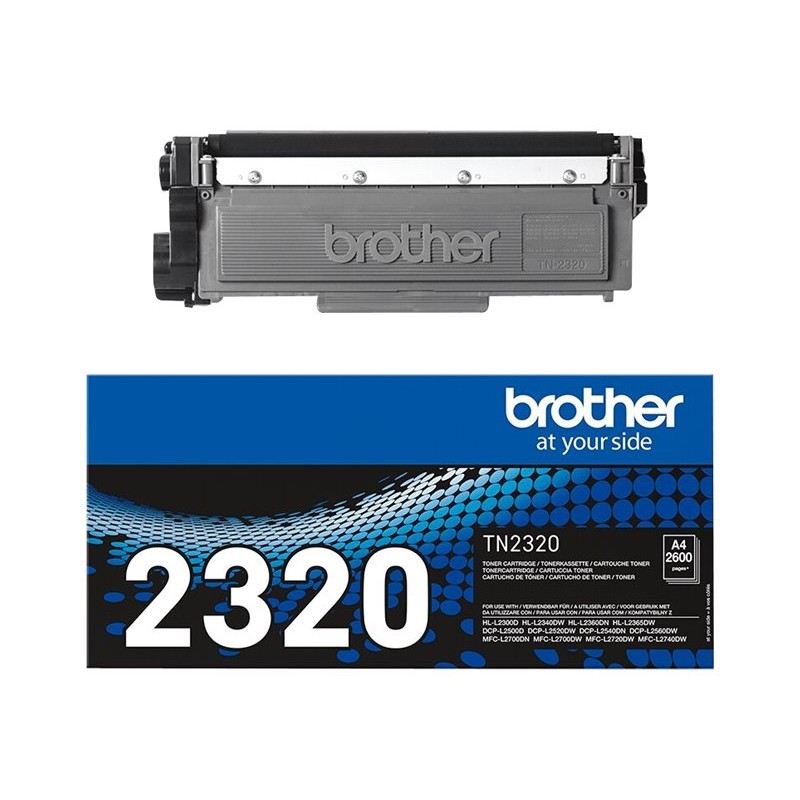 Originalni Brother TN2320 crni toner prikazan zajedno s pripadajućim pakiranjem