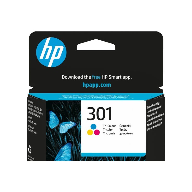 Prednja strana kutije HP 301 trobojne originalne tinte zapremnine 3 ml s logotipom marke