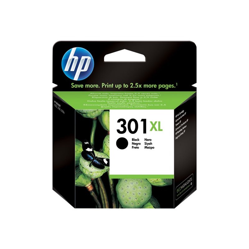 Krupni plan originalne HP 301XL crne tinte od 8 ml u prepoznatljivom pakiranju