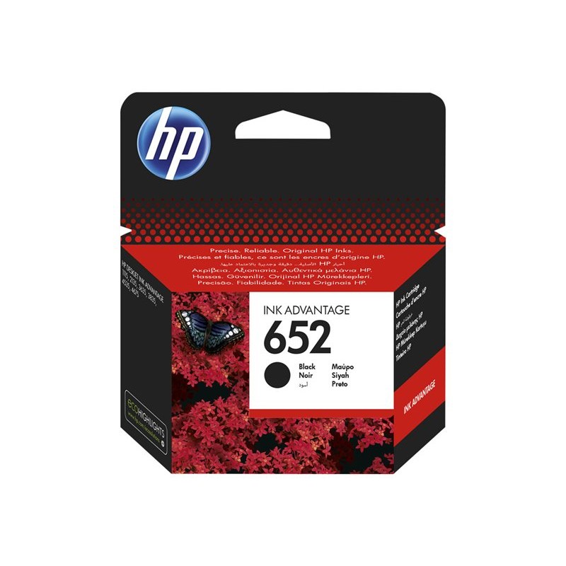 Krupni plan kutije HP 652 crne tinte s oznakom modela i crvenom grafikom