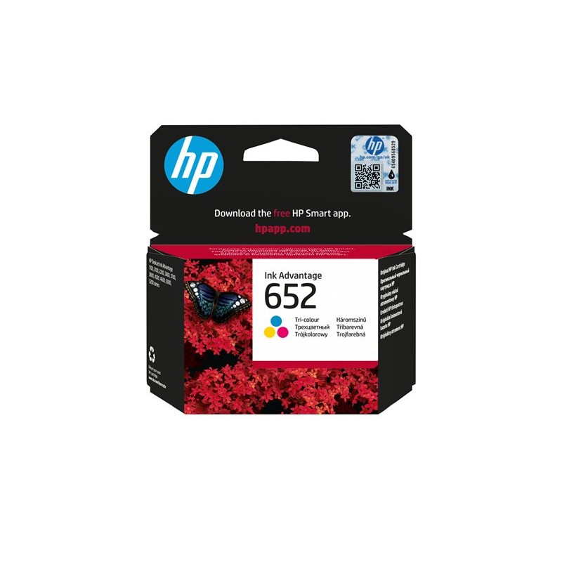 Originalno pakiranje HP 652 trobojne tinte F6V24AE prikazano sprijeda s prepoznatljivim HP logom