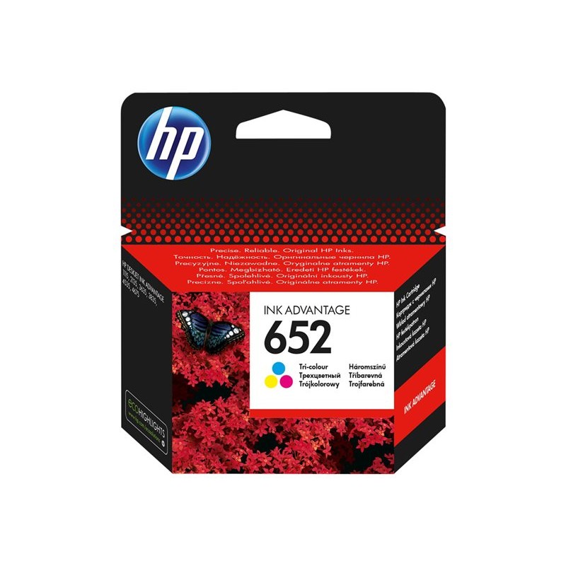 Originalno pakiranje HP 652 trobojne tinte F6V24AE s motivom crvenog cvijeća i oznakom modela
