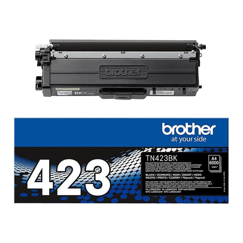 Originalni Brother TN423BK toner prikazan ispred ambalaže
