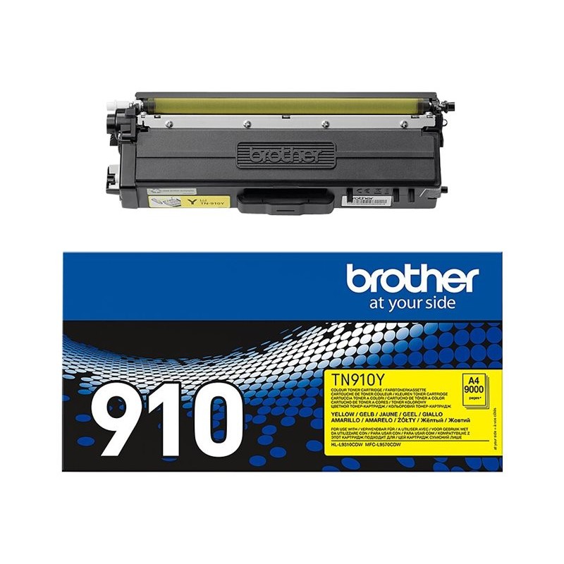 Originalni Brother TN910Y žuti toner postavljen iznad originalnog pakiranja