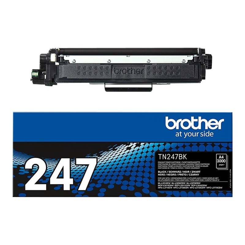 Crni toner Brother TN247BK postavljen ispred plave kutije