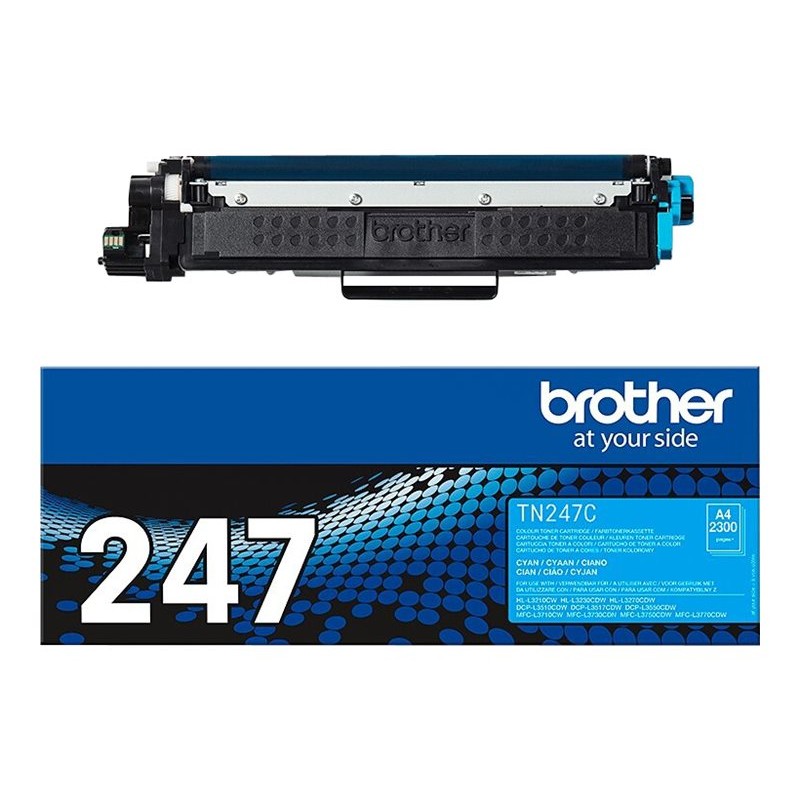 Brother TN247C cijan toner pored originalnog pakiranja