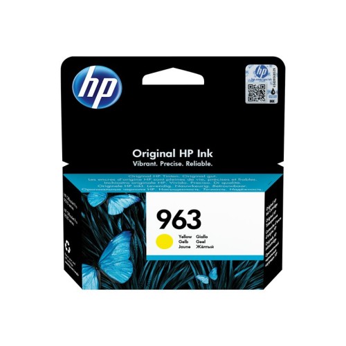 Prednja strana originalnog pakiranja HP 963 žuta tinta s plavim motivom leptira