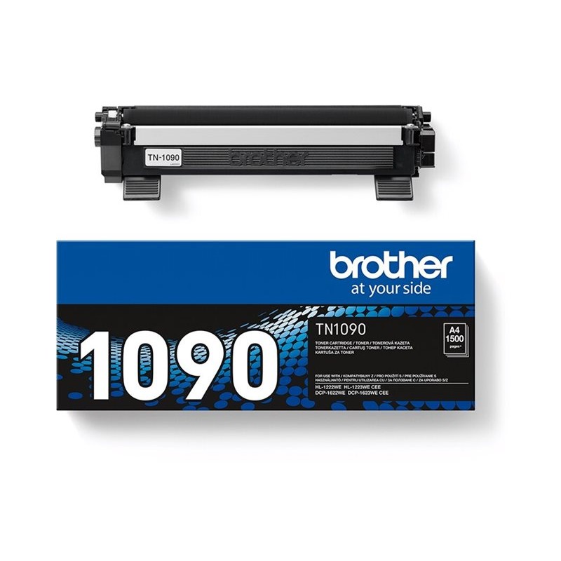 Originalno plavo pakiranje i crni toner Brother TN1090 prikazani zajedno