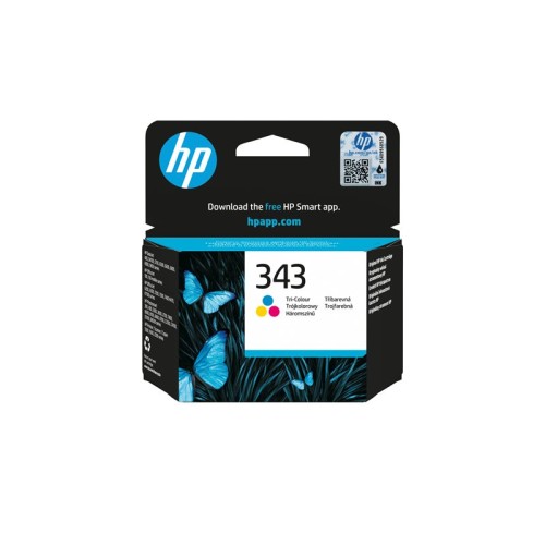 Originalno pakiranje HP 343 trobojne tinte s prikazanim motivom leptira