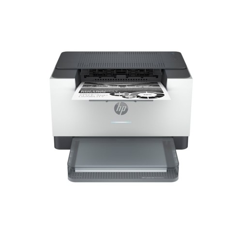 Prednji pogled na HP M209dw crno-bijeli laserski pisač s otvorenom ladicom za papir