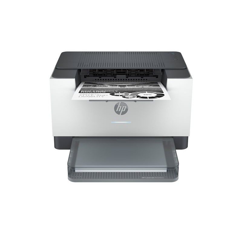 Prednji pogled na HP M209dw crno-bijeli laserski pisač s otvorenom ladicom za papir