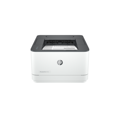 Pogled sprijeda na HP LaserJet Pro 3002dn laserski pisač u bijeloj i sivoj boji