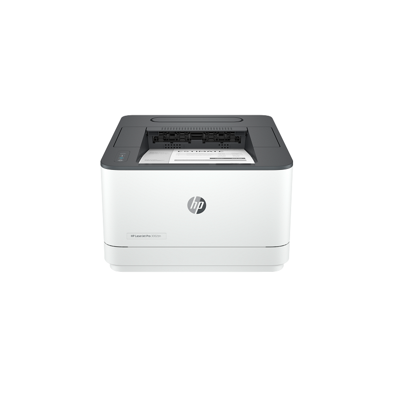 Pogled sprijeda na HP LaserJet Pro 3002dn laserski pisač u bijeloj i sivoj boji