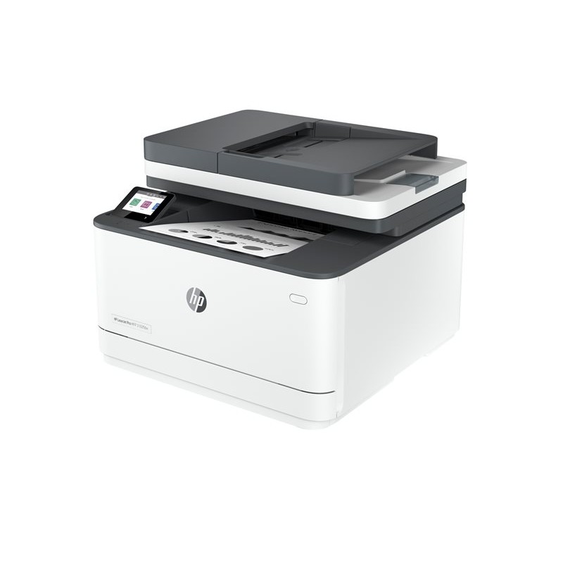 Bočni pogled na sivo-bijeli multifunkcijski HP 3102fdw pisač