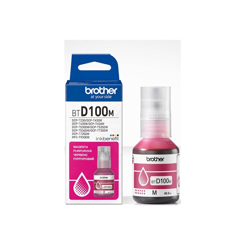 Originalno pakiranje i bočica Brother BTD100M magenta tinte