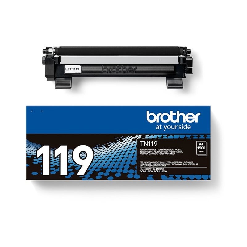 Originalni Brother TN119 crni toner i plavo pakiranje na bijeloj pozadini