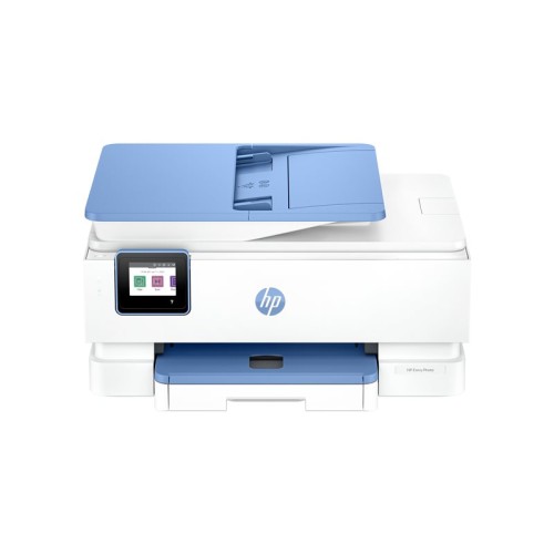 Prednji pogled na bijeli HP Envy Photo 7931 All-in-One tintni pisač s plavim poklopcem