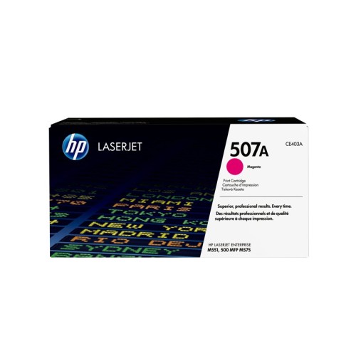 Originalno pakiranje HP 507A magenta tonera na bijeloj podlozi
