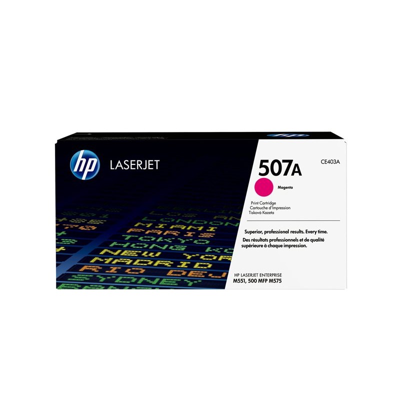 Originalno pakiranje HP 507A magenta tonera na bijeloj podlozi