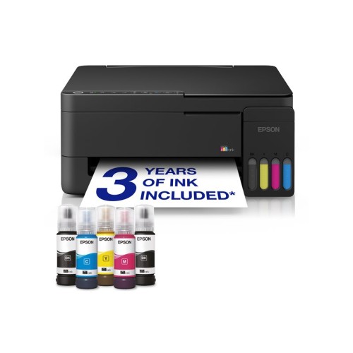 Epson EcoTank L3352 pisač u boji s priloženim bočicama tinte i ispisanim papirom