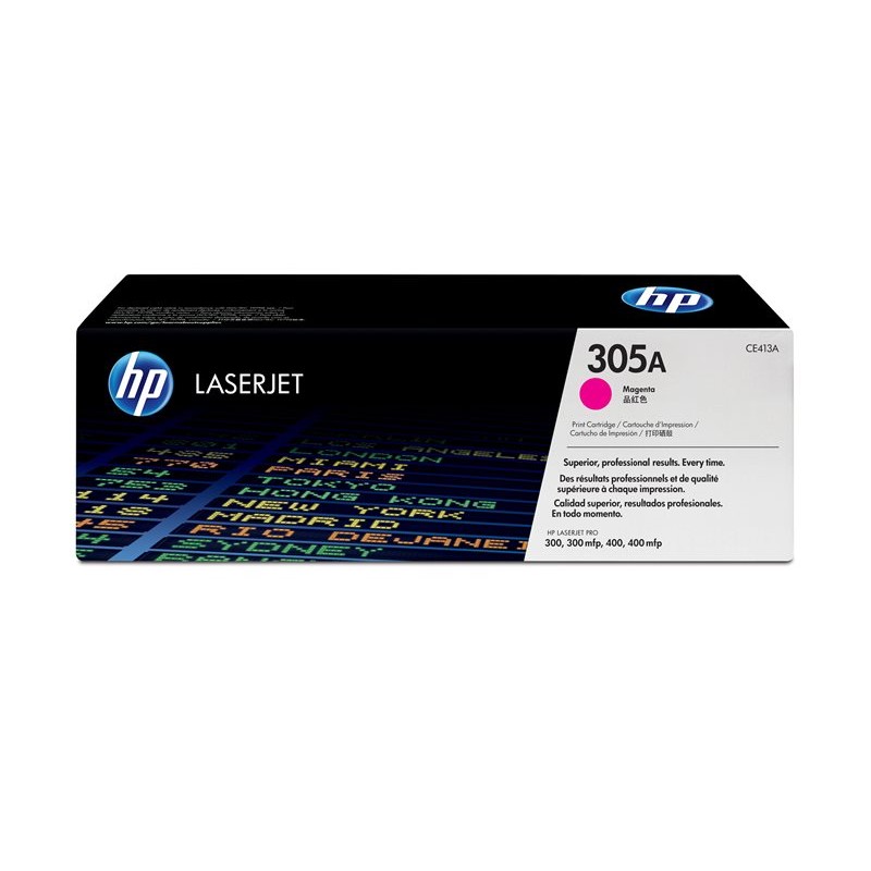 HP 305A magenta toner u originalnoj kutiji snimljen iz blagog kuta