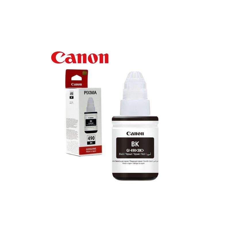 Originalna bočica Canon GI490 crne tinte pored kutije na bijeloj pozadini