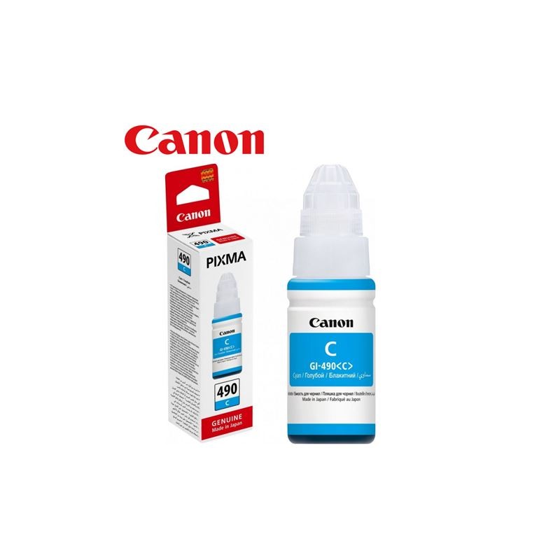 Bočica Canon GI-490 cijan tinte s pripadajućom kartonskom kutijom proizvoda