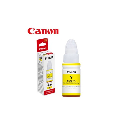 Bočica Canon GI-490 žute tinte u uspravnom položaju s pripadajućom kutijom