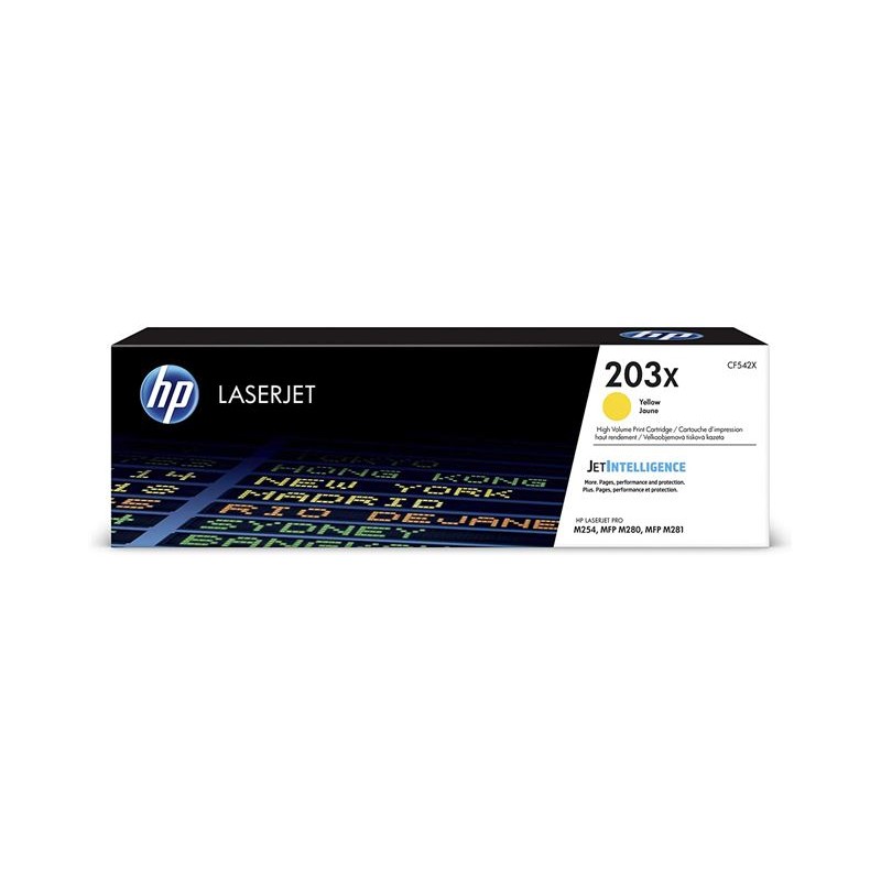 HP CF542X žuti toner u originalnoj kartonskoj kutiji prikazan sprijeda