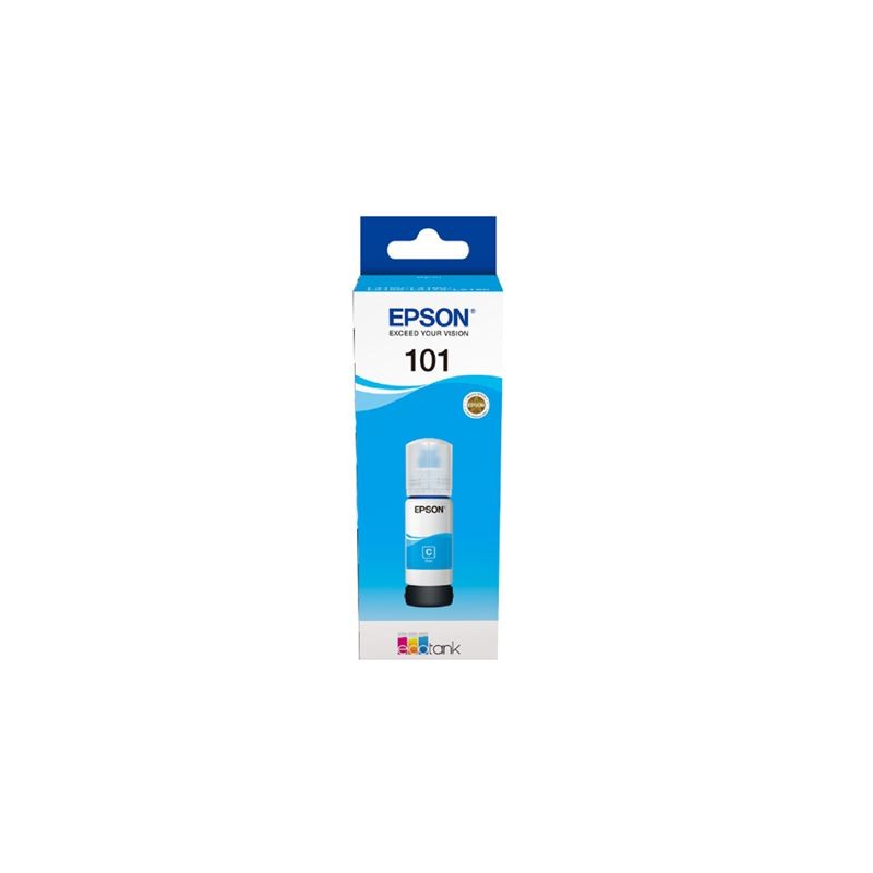 Epson 101 cijan tinta u prepoznatljivom plavom pakiranju s vidljivom bočicom
